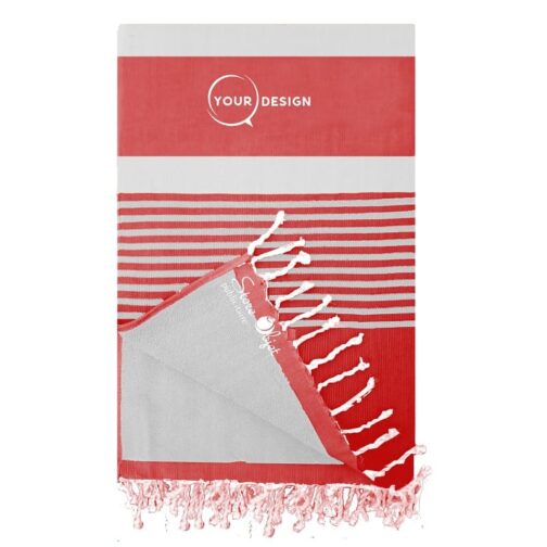 Fouta doublée éponge rouge cerise et gris 100 % coton Tunisie