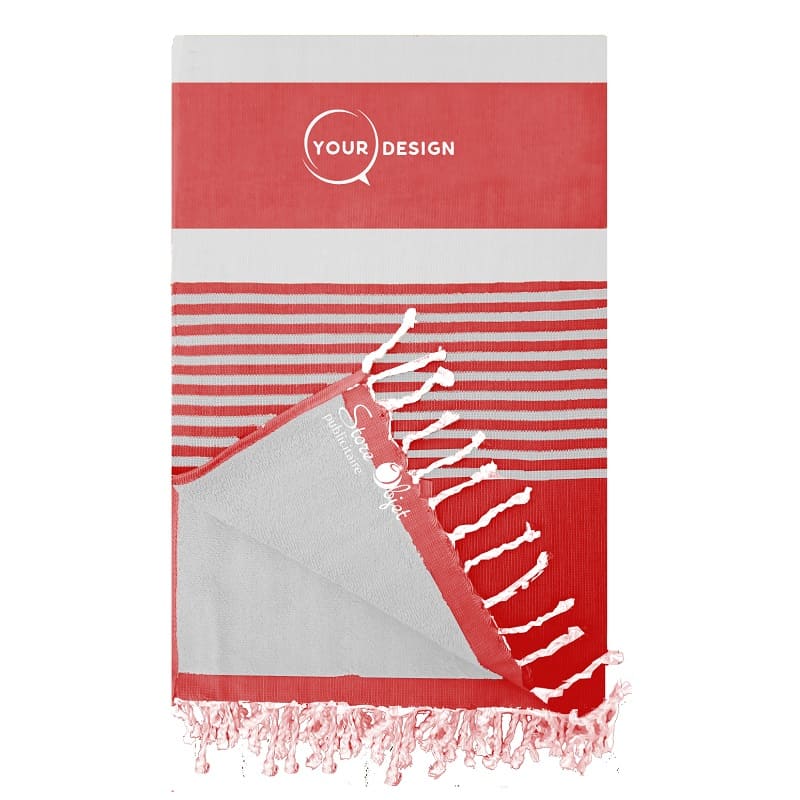 Fouta doublée éponge rouge cerise et gris 100 % coton Tunisie