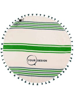 Serviette fouta ronde plate anthracite et vert avec pompons