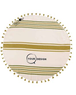 Serviette fouta ronde plate bistre et vert olive avec pompons