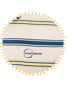 Serviette fouta ronde plate bleu et jaune avec pompons