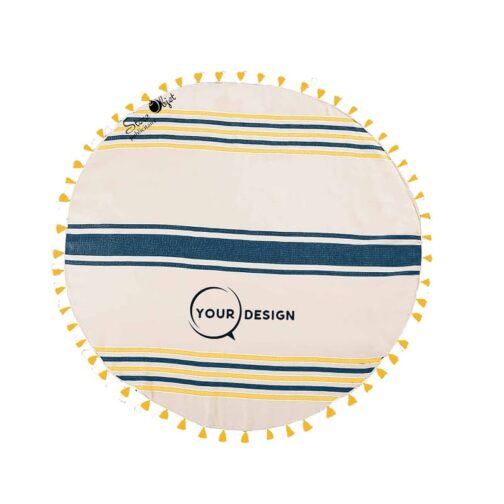 serviette-fouta-ronde-plate-pompons-bleu-jaune-tunisie-store-objet-publicitaire