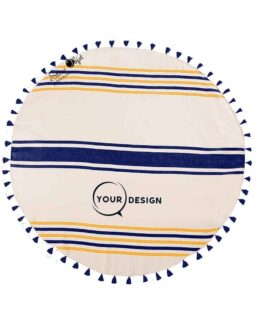 serviette-fouta-ronde-plate-pompons-bleu-marine-orange-tunisie