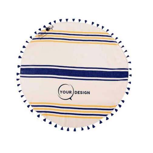 serviette-fouta-ronde-plate-pompons-bleu-marine-orange-tunisie