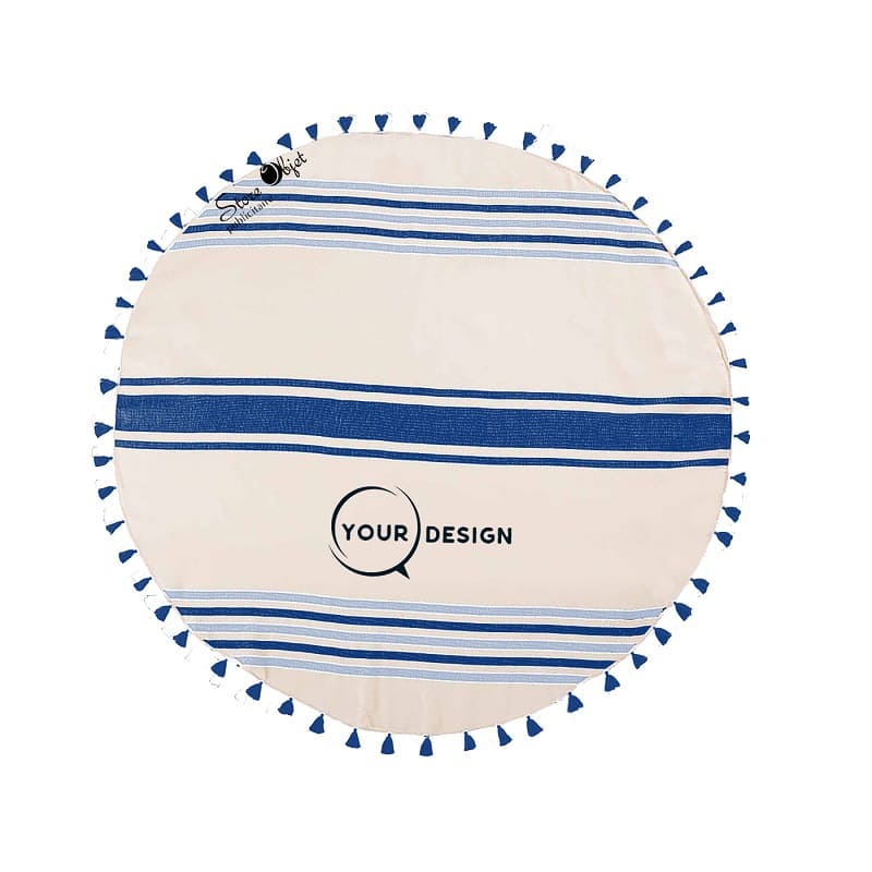 serviette-fouta-ronde-plate-pompons-bleu-saphir-gris-bleu-tunisie-store-objet-publicitaire