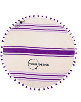 Serviette fouta ronde plate indigo et lavande avec pompons