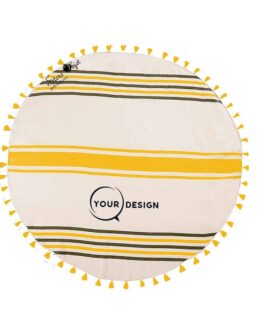 serviette-fouta-ronde-plate-pompons-jaune--marron-fonce-tunisie-store-objet-publicitaire.
