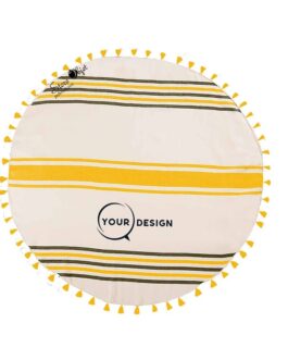 Serviette fouta ronde plate jaune et marron avec pompons