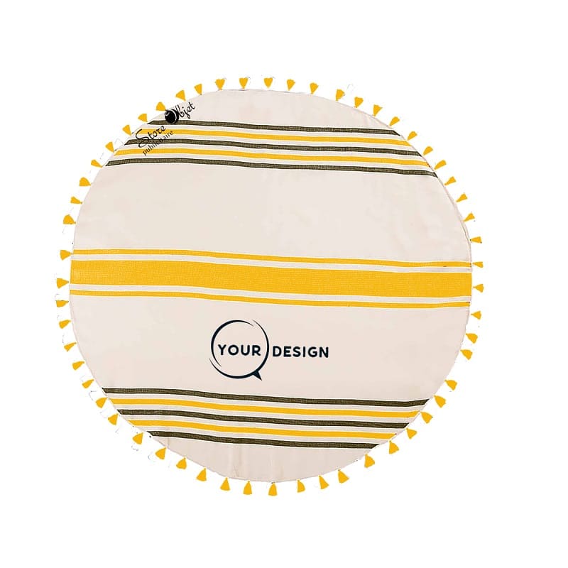 serviette-fouta-ronde-plate-pompons-jaune--marron-fonce-tunisie-store-objet-publicitaire.
