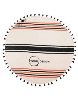 Serviette fouta ronde plate noir et orange avec pompons