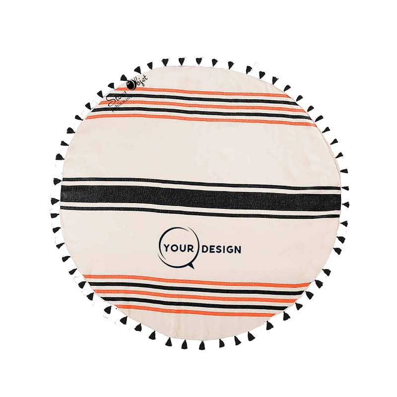 serviette-fouta-ronde-plate-pompons-noir-orange-tunisie-store-objet-publicitaire