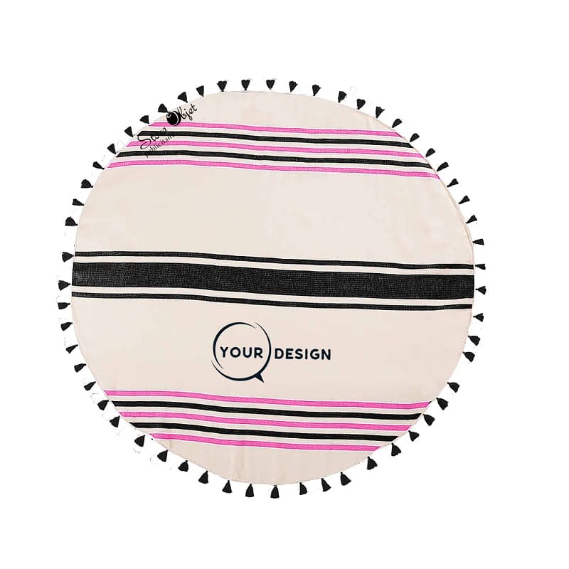 serviette-fouta-ronde-plate-pompons-noir-rose-tunisie-store-objet-publicitaire