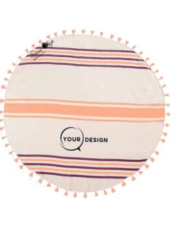 Serviette fouta ronde plate pêche et bordeaux avec pompons