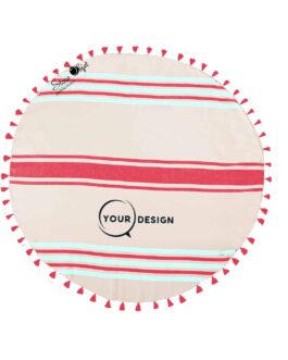 Serviette fouta ronde plate rose carmin et bleu clair avec pompons