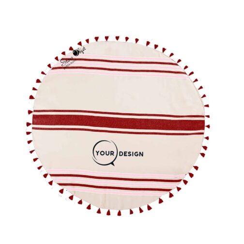 serviette-fouta-ronde-plate-pompons-rouge-rose-poudre-tunisie-store-objet-publicitaire