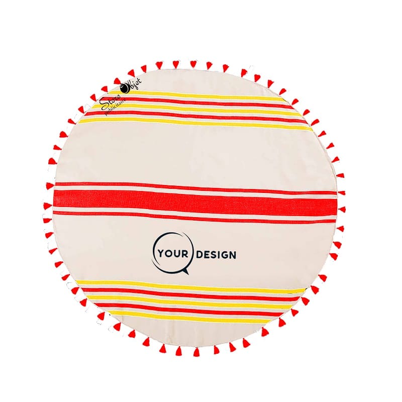 serviette-fouta-ronde-plate-pompons-rouge-vif-jaune-soleil-tunisie-store-objet-publicitaire