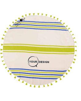 Serviette fouta ronde plate vert acidule et bleu avec pompons