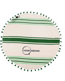 Serviette fouta ronde plate vert foncé et vert étang avec pompons