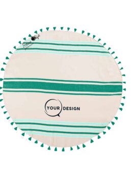 Serviette fouta ronde plate vert et turquoise avec pompons