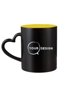 Mug céramique magique noir sublimable anse cœur intérieur jaune