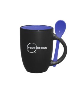 Mug noir publicitaire sublimable intérieur et cuillère bleu