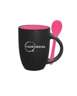 Mug noir publicitaire sublimable intérieur et cuillère rose