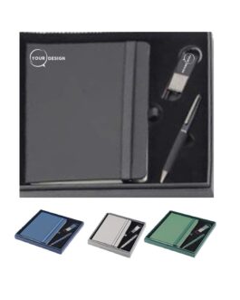 Coffret notebook, stylo et portes clé simili cuir à personnaliser