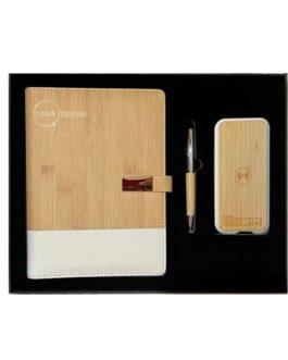 Coffret bloc notes, stylos, pore clé & powerbank bambou personnalisable